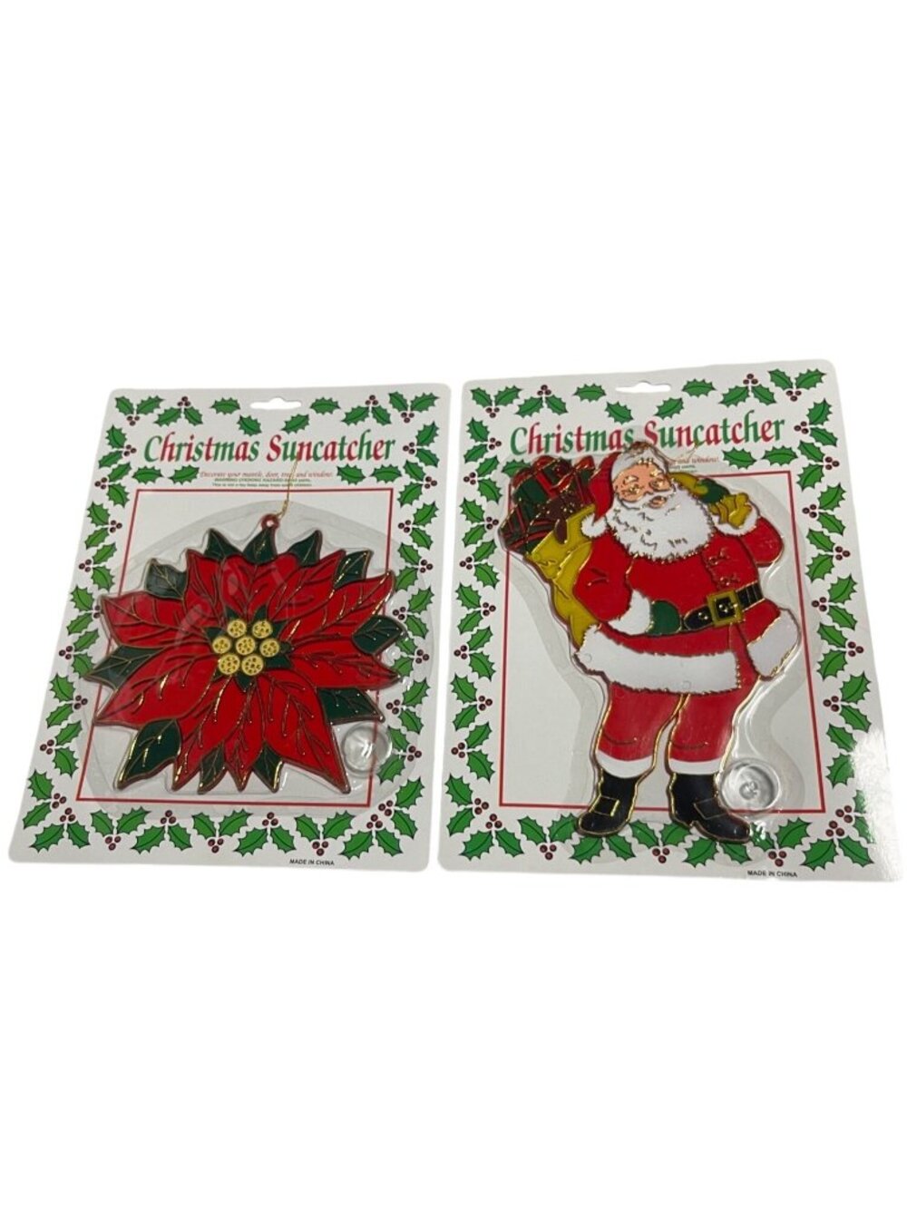 Christmas Suncatchers Lot Of 2 Santa Poinsettia Window Decorations AMGLO VTG 90